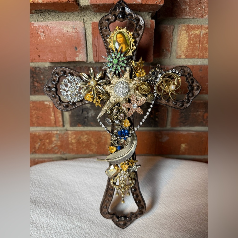 Faith Inspired Artistic VTG Brooch Embellished Cross Repurposed to Religious Art